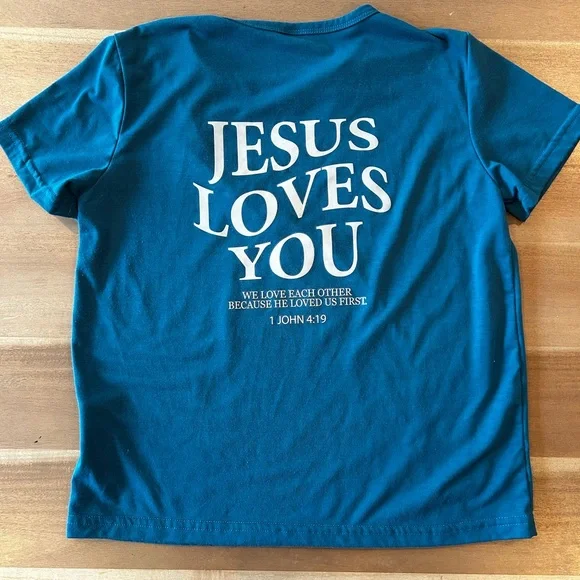 SHEIN Teal Kids Tee with 'Jesus Loves You' Message - Picture 2 of 3